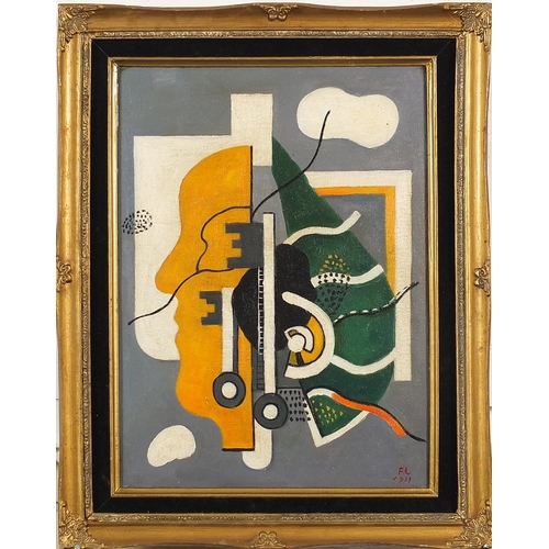 653 - Manner of Fernand Leger - Surreal composition with figure and keys, French school oil on board, moun... 