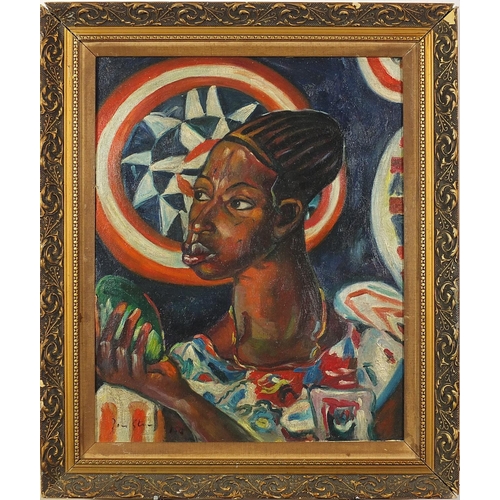 1161 - Head and shoulders portrait of a female, South African school oil on board, mounted and framed, 49cm... 