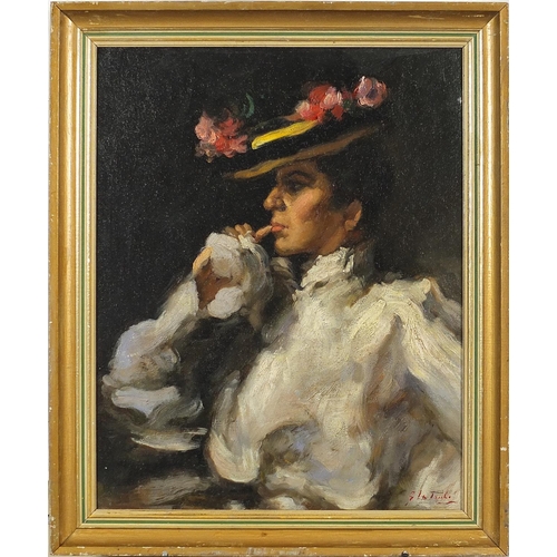 242 - After Gaston La Touche, portrait of a female wearing a hat, French oil on board, mounted and framed,... 