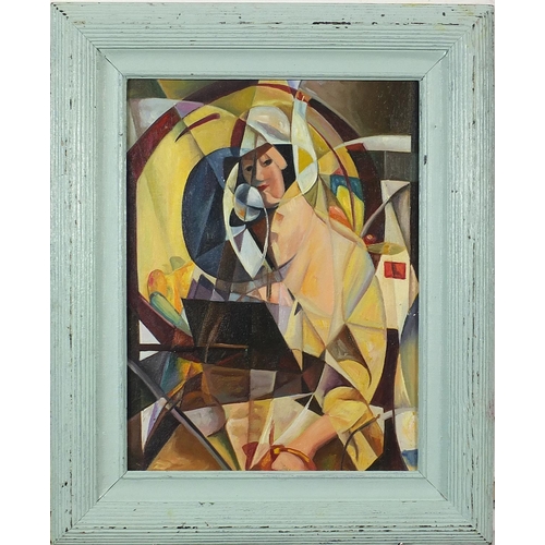 1025 - Manner of Mary Swanzy - Abstract composition, portrait of a female, Irish school oil on board, mount... 