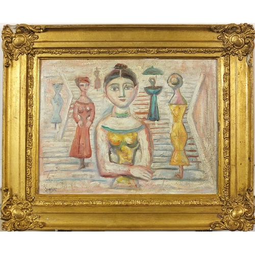 1342 - Female figures, Italian surreal school oil on board, mounted and framed, 37cm x 29cm excluding the m... 