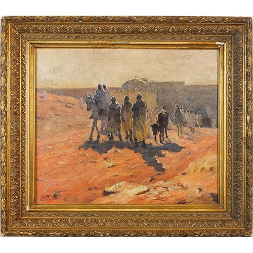 1050 - Manner of Adam Styka - Figures and donkeys, Orientalist school oil on board, mounted and framed, 38.... 