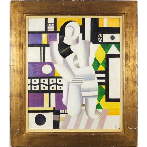 391 - Manner of Fernand Leger - Surreal composition, female and geometric shapes, French school oil on boa... 