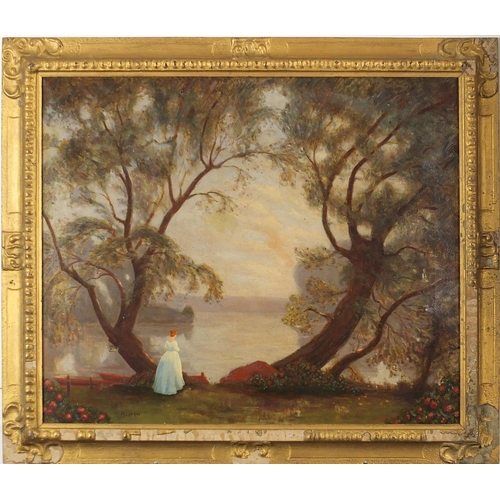 365 - After Thomas Edwin Mostyn - Female before a lake, English school oil on canvas, mounted and framed, ... 