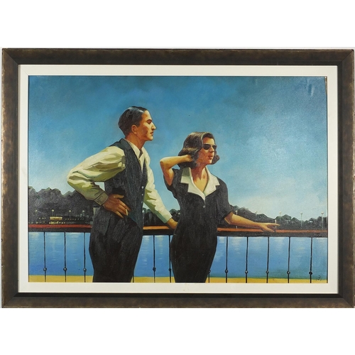 159 - After Jack Vettriano - Two figures before a river, oil on board, mounted and framed, 88cm x 60cm exc... 