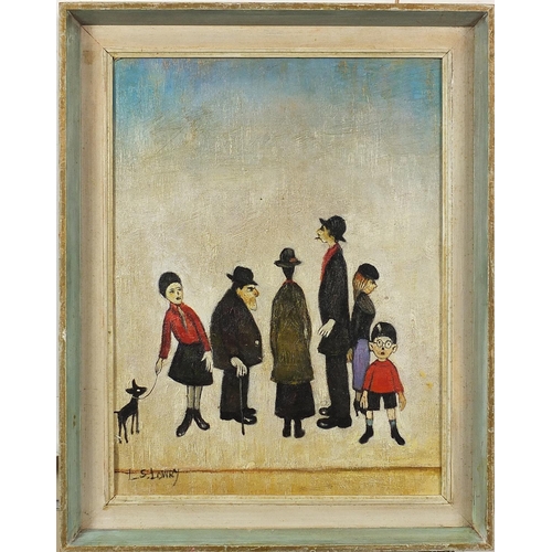 1344 - Manner of Laurence Stephen Lowry - Figures walking about, Manchester school oil on board, mounted an... 