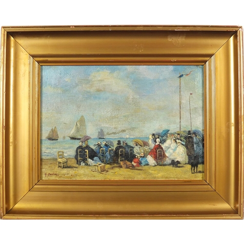 1373 - Manner of Eugene Boudin - Figures on a beach, French Impressionist oil on board, mounted and framed,... 