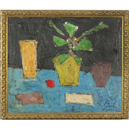 223 - Abstract composition, still life, Russian school impasto oil on canvas, framed, 75cm x 62cm excludin... 