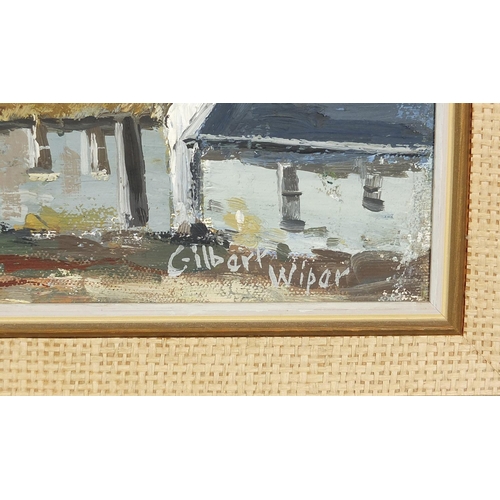 984 - Gilbert Wiper - River landscape with cottages and mountains, oil on canvas, mounted and framed, 70cm... 