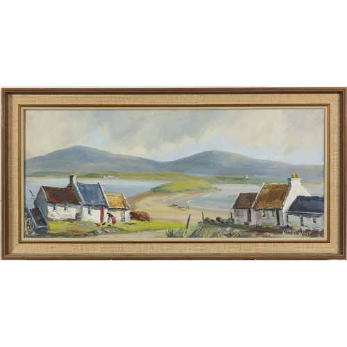 984 - Gilbert Wiper - River landscape with cottages and mountains, oil on canvas, mounted and framed, 70cm... 