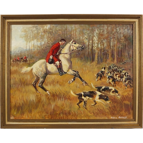 679 - Harry Bishop - Huntsmen on horseback with hounds, oil on board, mounted and framed, 60cm x 46.5cm ex... 