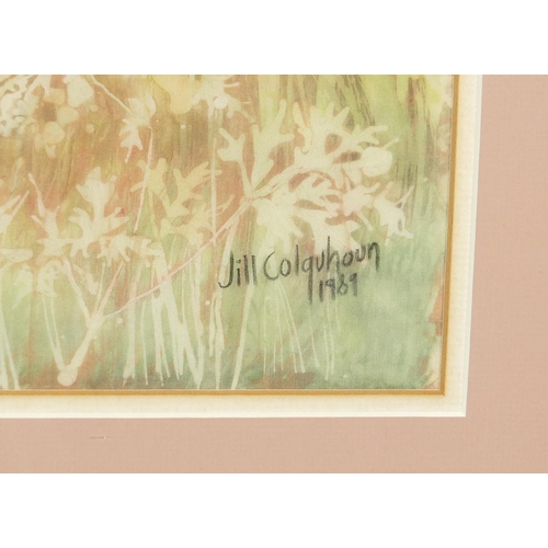 607 - Jill Colquhoun 1989 - Cat amongst flowers, watercolour on silk, mounted, framed and glazed, 43cm x 3... 