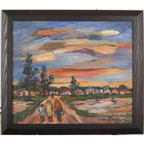 1319 - Manner of Gerard Sekoto - Figures on a path before a town, South African school oil on board, framed... 