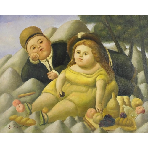 113 - After Fernando Botero - Two figures, Colombian school oil on board, mounted and framed, 49.5cm x 39.... 