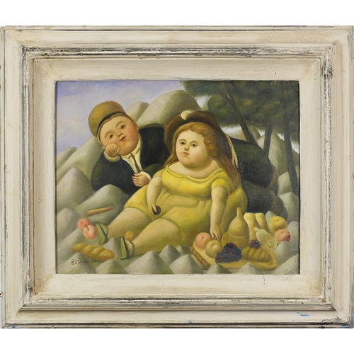 113 - After Fernando Botero - Two figures, Colombian school oil on board, mounted and framed, 49.5cm x 39.... 