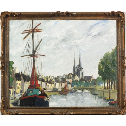 634 - Manner of Albert Marquet - River landscape with boats before a cathedral, French Fauvist school oil ... 