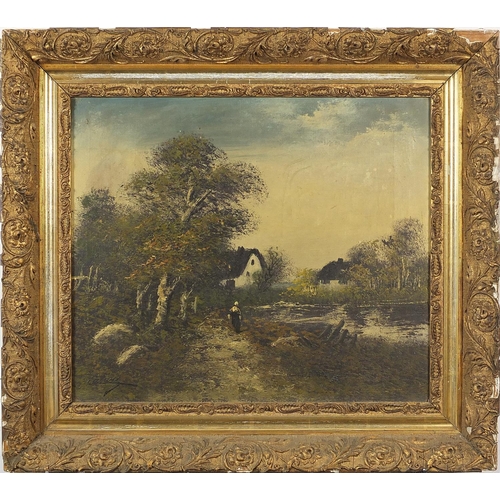 1317 - Henri Catrou - River landscape with figure before a cottage, Barbizon school oil on canvas, mounted ... 