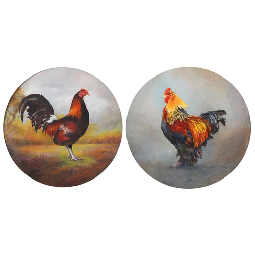 36 - R Anne Upson - Cockerels, pair of monogrammed and dated Victorian style circular oils, one with labe... 