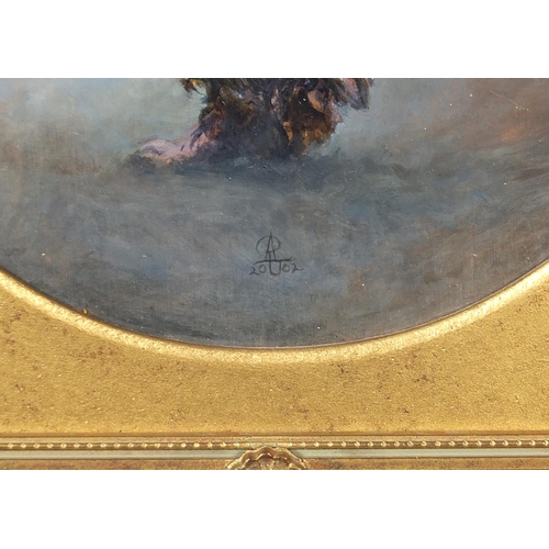 36 - R Anne Upson - Cockerels, pair of monogrammed and dated Victorian style circular oils, one with labe... 