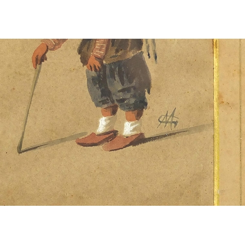 698 - Beggar carrying a box, Continental heightened watercolour, indistinctly monogrammed, mounted, framed... 