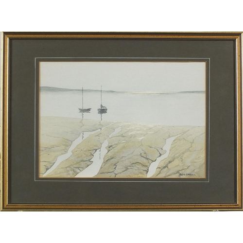 697 - Alan Farrell - Two boats on water, watercolour, mounted, framed and glazed, 25.5cm x 18cm excluding ... 