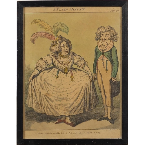 187 - After George Cruikshank - A Plain Minuet, late 18th century print in colour, published April 1st 179... 