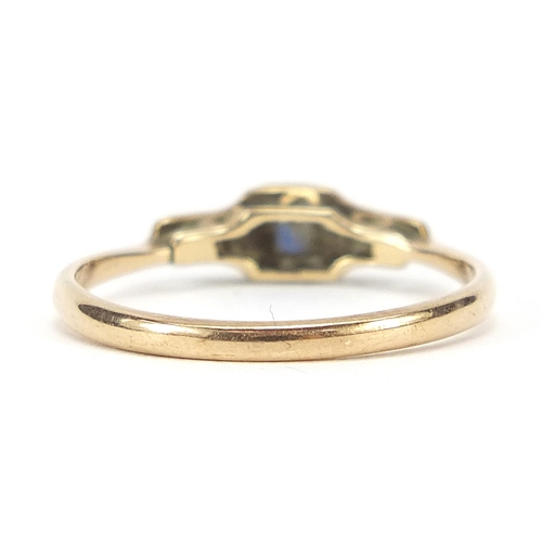 1900 - 9ct gold and platinum sapphire and diamond three stone ring, size N, 1.3g