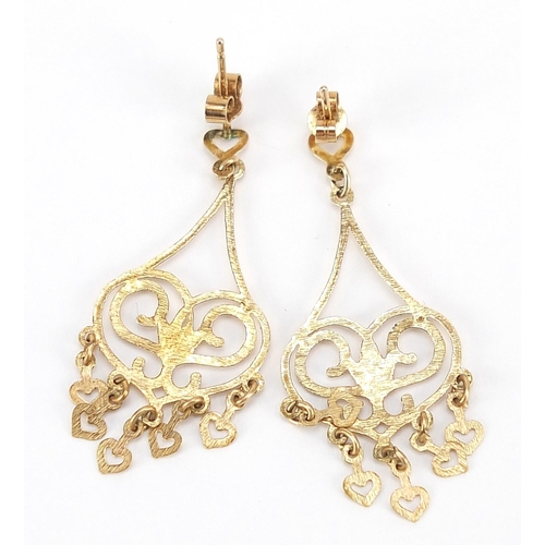 2132 - Pair of 9ct gold love heart drop earrings, 3.8cm high, 1.3g