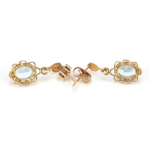 1707 - Pair of unmarked 9ct gold aquamarine drop earrings, 1.7cm high, 1.1g