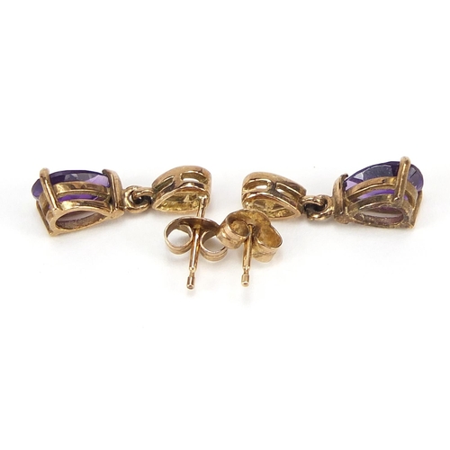 1901 - Pair of 9ct gold amethyst tear drop earrings, 1.6cm high, 2.0g