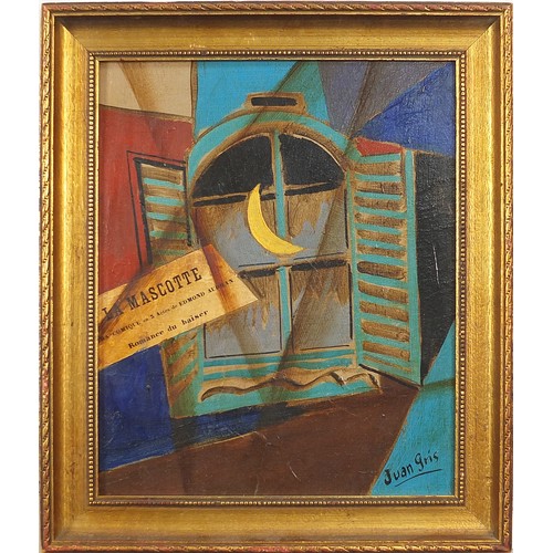 392 - After Juan Gris - Surreal composition, moonlit window, Cubist school mixed media and collage, framed... 