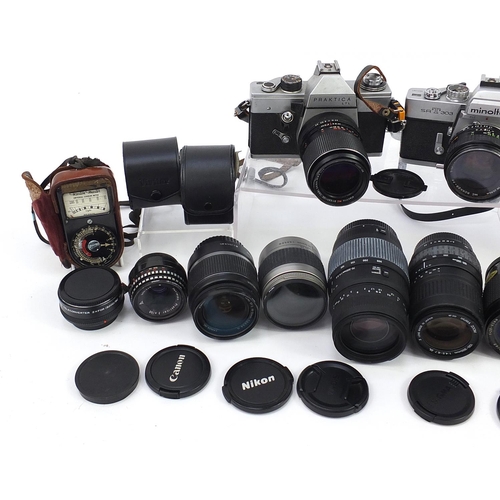 1338 - Vintage and later cameras, lenses and accessories including Minolta SRT303, Praktica, Sigma and Cano... 