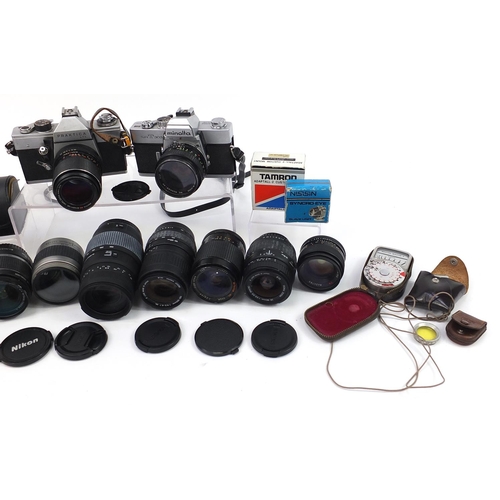 1338 - Vintage and later cameras, lenses and accessories including Minolta SRT303, Praktica, Sigma and Cano... 