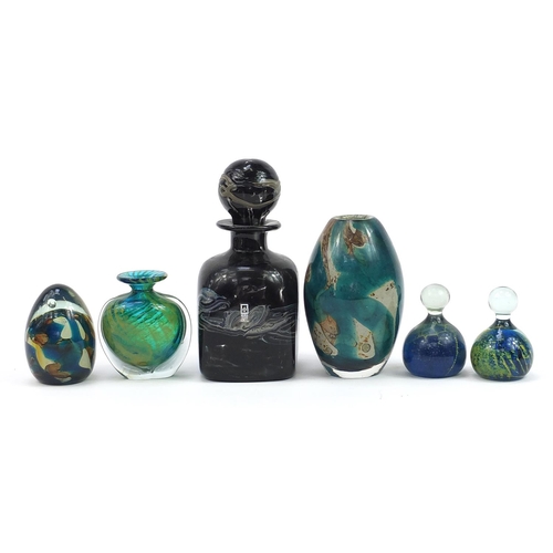 246 - Mdina glassware comprising decanter with stopper, two vases and three paperweights, the largest 22.5... 