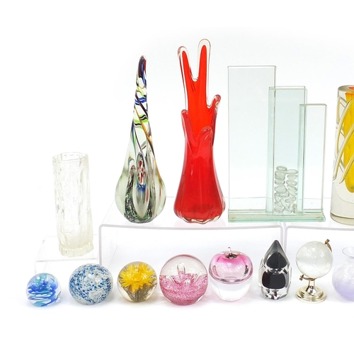 1381 - Art glass vases and paperweights including Caithness, Strathearn and Murano, the largest 38cm high