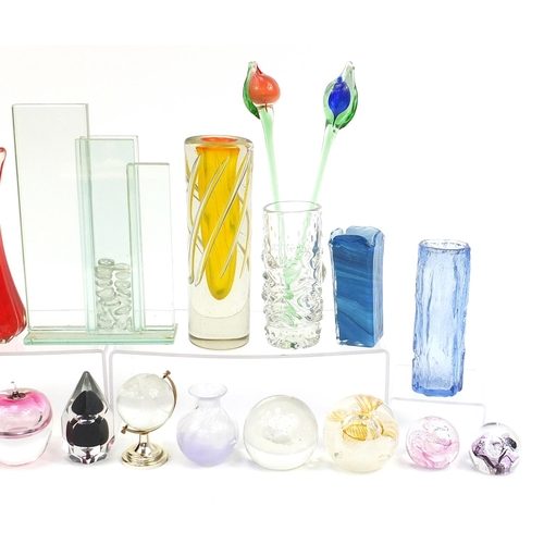 1381 - Art glass vases and paperweights including Caithness, Strathearn and Murano, the largest 38cm high