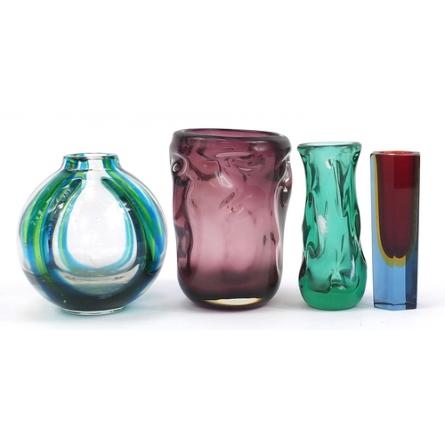 247 - Four art glass vases including Whitefriars and Murano Sommerso, the largest 17.5cm high