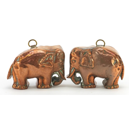 12 - Pair of Victorian copper jelly moulds in the form of elephants, each 16.5cm wide