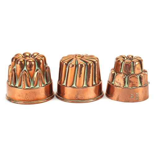 179 - Three 19th century copper jelly moulds including two by Trotter of Paris, one impressed D 67, the la... 