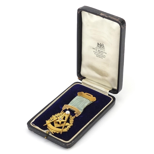 471 - 9ct gold masonic jewel set with a diamond presented to Bro James Simpson by the Office Bearers and B... 