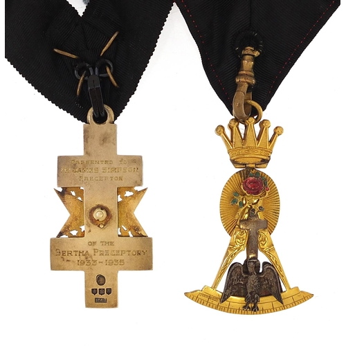 472 - Two masonic silver gilt and enamel jewels including a Knights Templar Cross presented to Fr James Si... 