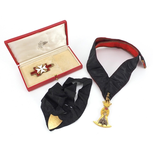 472 - Two masonic silver gilt and enamel jewels including a Knights Templar Cross presented to Fr James Si... 