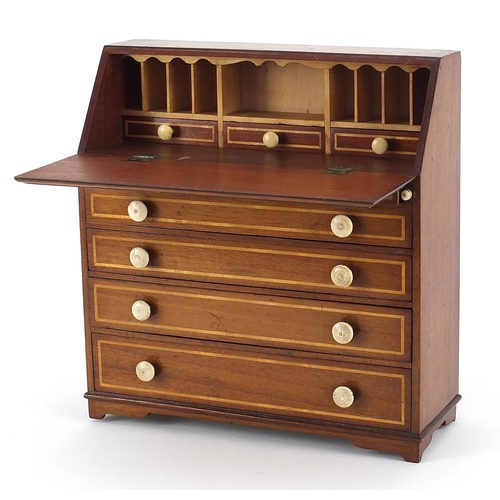 182 - Late 19th/early 20th century apprentice inlaid mahogany bureau with bone handles, 22.5cm H x 21.5cm ... 