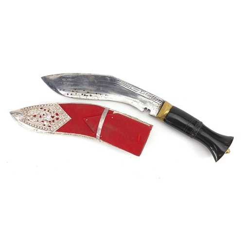 1618 - Military interest Gurkha's kukri knife with horn handle and silver overlaid sheath, 32.5cm in length