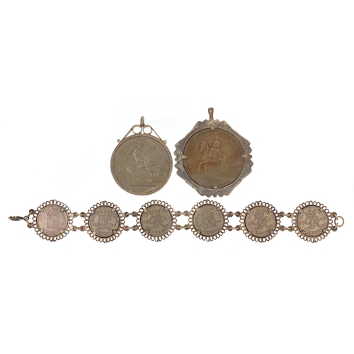 2170 - Two five shilling coins with silver pendant mounts and a silver mounted sixpence bracelet, 20cm in l... 