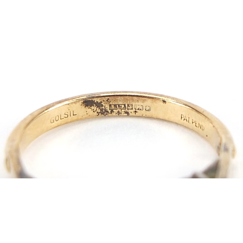 1916 - Silver gilt clear stone half eternity ring and gold coloured metal red stone ring, sizes G and K, 4.... 