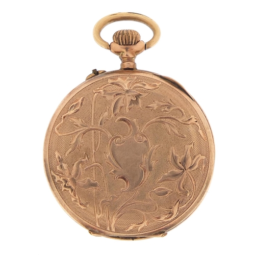 1798 - Ladies gold coloured metal open face pocket watch with enamelled dial, 30mm in diameter, 19.0g