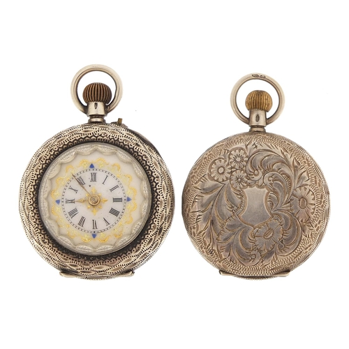 2179 - Two ladies silver pocket watches including a full hunter, both with enamelled dials, the largest 35m... 