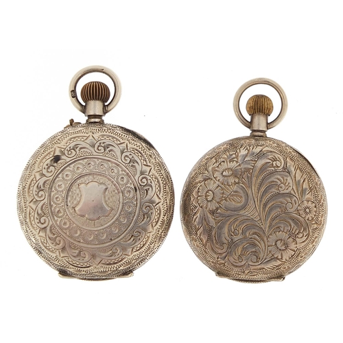 2179 - Two ladies silver pocket watches including a full hunter, both with enamelled dials, the largest 35m... 