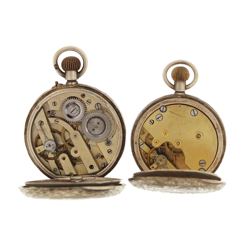 2179 - Two ladies silver pocket watches including a full hunter, both with enamelled dials, the largest 35m... 